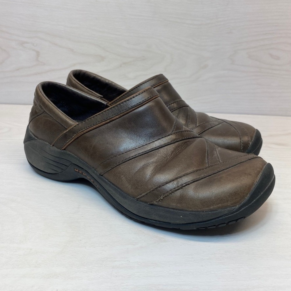 Merrell Womens 8 Encore Eclipse Smooth Clogs Dark Brown Leather Comfort Shoes